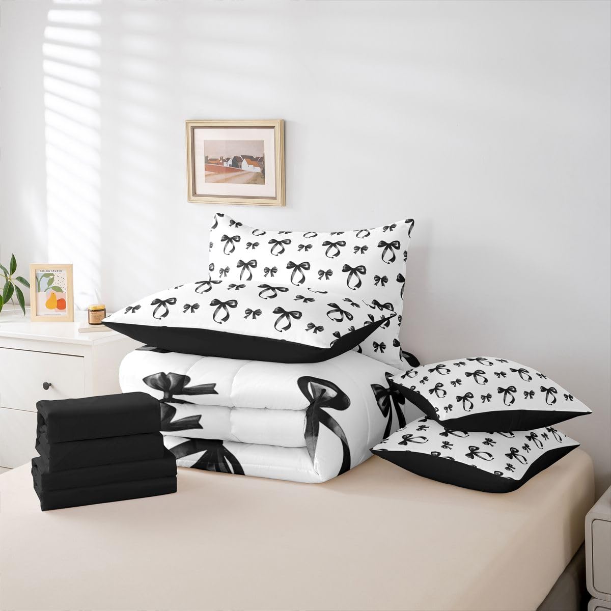 Erosebridal Bow 7 Pcs Bedding Set Full Black Bow Tie Comforter Set with Sheets Bowknot Bed in A Bag Black White Simple Decor Bedroom Decor