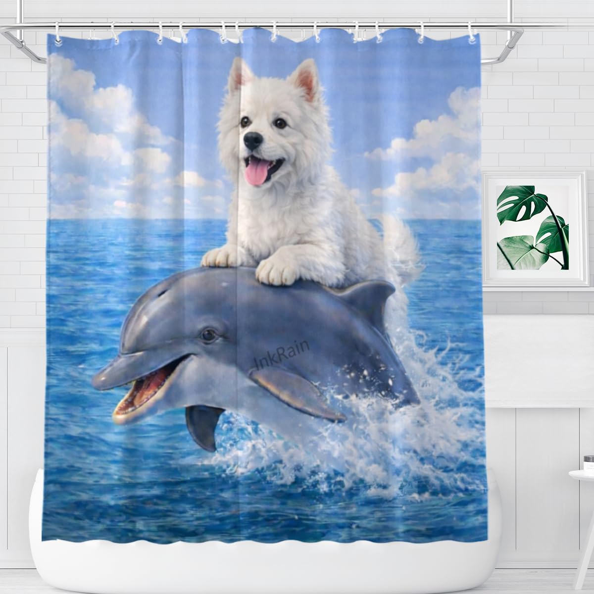 InkRain Ocean Westie-Dog Shower Curtain with 12 Hooks Cute Puppy Riding Dolphin Bathroom Decor Waterproof Polyester Fabric Coastal Beach Bath Curtain 72x84 Inch