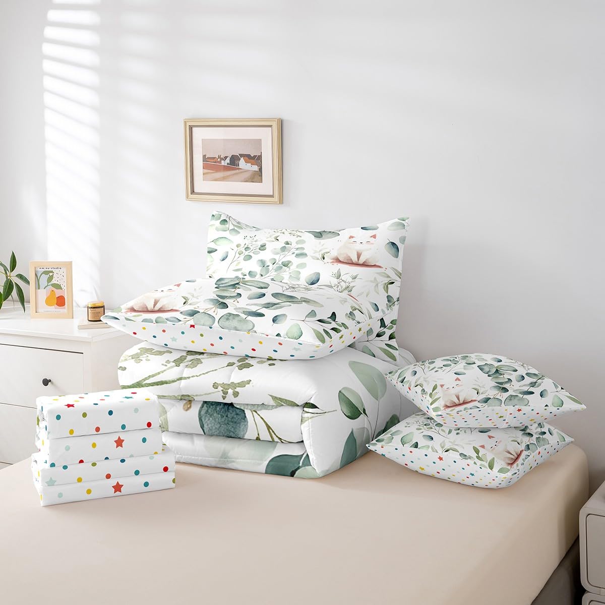 Erosebridal Kawaii Cat King Comforter Set 7 Pieces for Boys Girls Cartoon Animal Bedding Comforter Sets, Eucalyptus Leaves Bed in a Bag Pet Kitten Bedding Set, Tropical Botanical Plants Bed Sheets Set