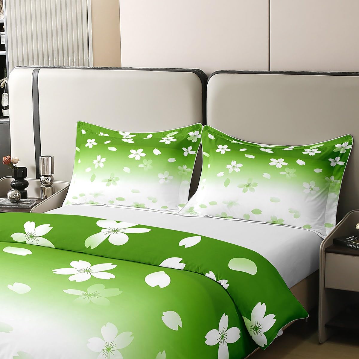 Erosebridal Sakura Duvet Cover Twin Size 100% Cotton Girls Japanese Style Comforter Cover Aesthetic Romantic Cherry Blossom Bedding Set for Kids Boys,Green White Ombre Bed Set