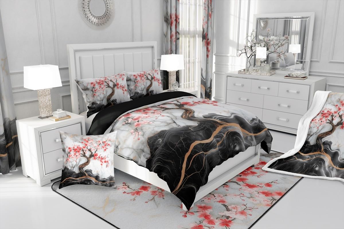 Manfei Cherry Blossom Comforter Set Queen Size,Artistic Black White Marble Texture Paint Bedding Set for Teens Adults,Japanese Style Pink Red Flowers Romantic Comforter,3 Pcs 2 Pillowcases