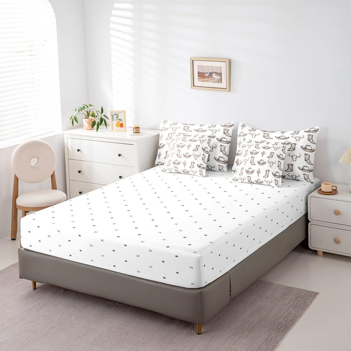 jejeloiu West Cowboy Comforter Set with Sheets Twin Size Kids Cow Skull Brown 7 Pieces Bedding Set for Boys Girls Teens Cactus Hat Boots Bed in a Bag Breathable Rodeo Cowboy Bed Set Room Decor