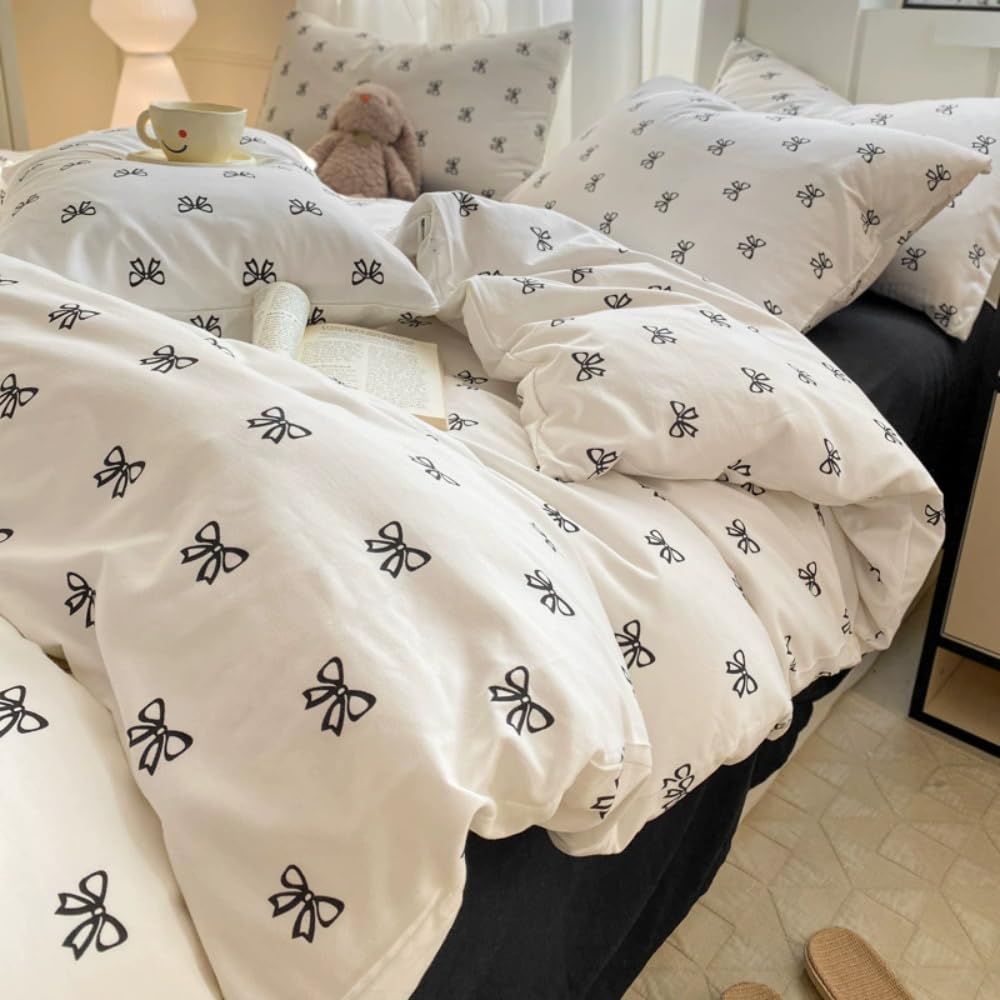 Sedefen Bow Duvet Cover Queen Size Black Bows Printed on White Duvet Cover Set Cute Kawaii Soft Breathable Microfiber Reversible Bedding Set Gift for Women Girls 3Pcs with 2 Pillowcases