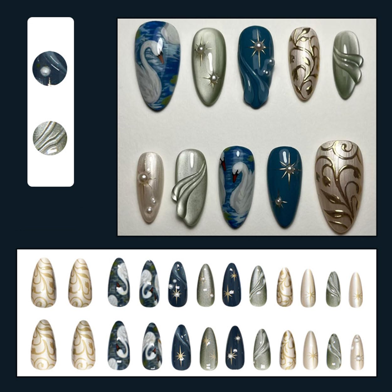 Press on Nails Almond Medium Fake Nails French Tip False Nails Press ons with Glitter Swan Design Glue on Nails Artificial Acrylic Nail Art Glossy Full Cover Stick on Nail Supplies for Women 24Pcs