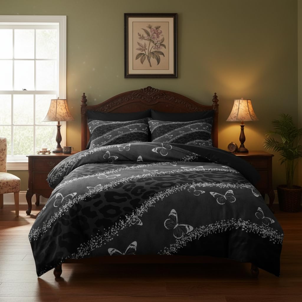 CCoutueChen Black Gothic Comforter Set Queen, Leopard Butterfly Bedding Set with 2 Pillowcases - 3 Pcs Soft Fluffy Breathable Microfiber Lightweight Comforter, 90"x90"