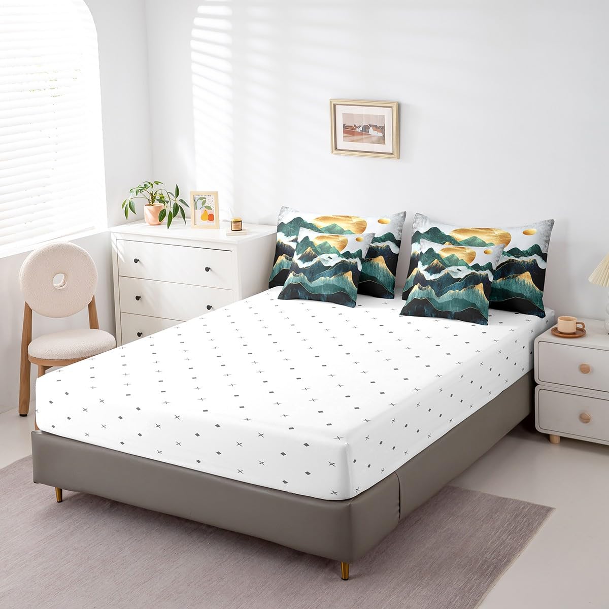 Erosebridal Smoky Mountain Comforter Set 7 Piece Bed in a Bag Twin,Gold Sun Bedding Sets Landscape Natural Scenery Art Sheet Set with Comforter,Mid Century Abstract Minimalism Bed Set