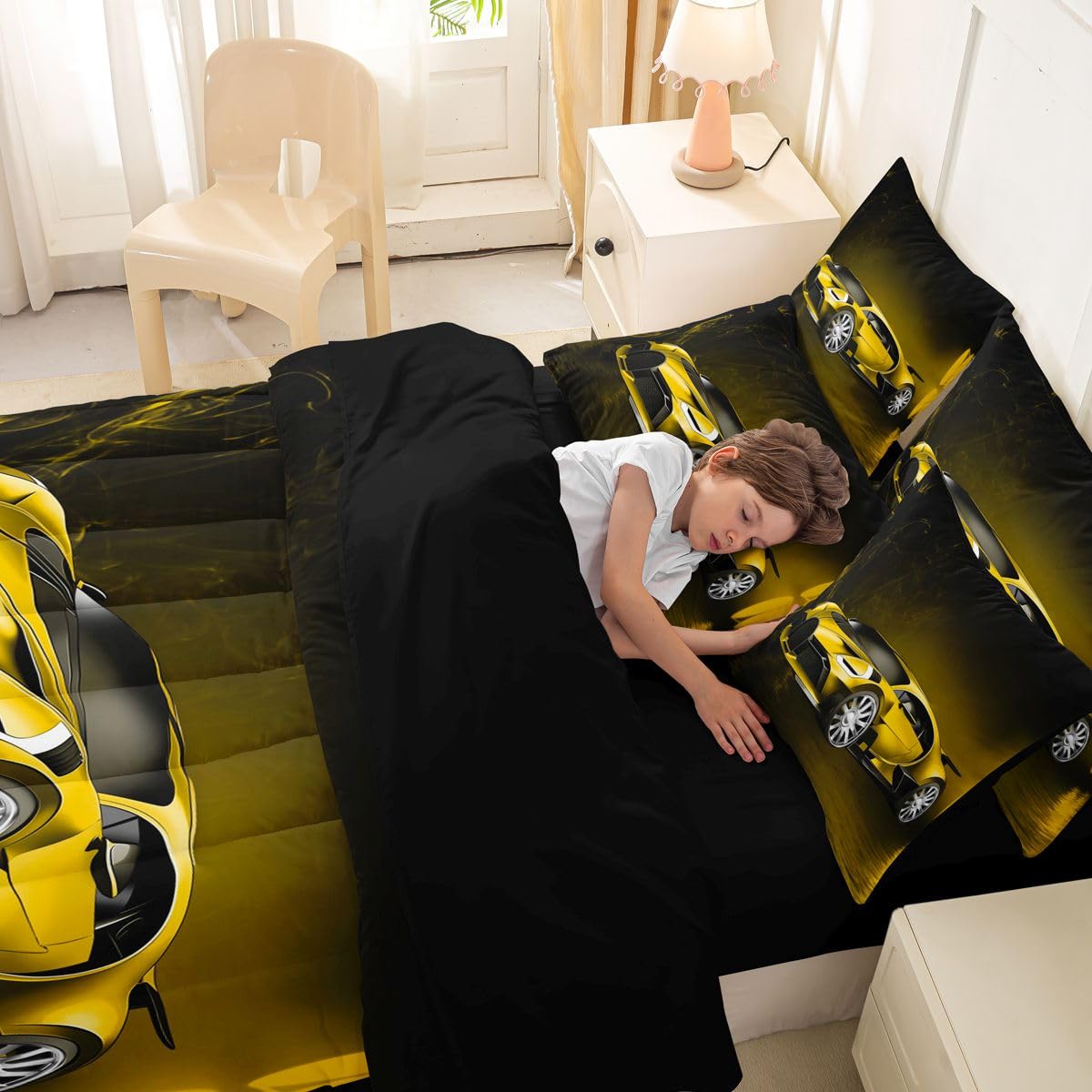 Feelyou Sports Car 7 Piece Bedding Set Yellow Race Car Comforter Set with Sheets for Kids Boys Girls Extreme Sports Bed in a Bag Cool Speed Luxury Car Decor Quilt with 2 Pillowcases Queen