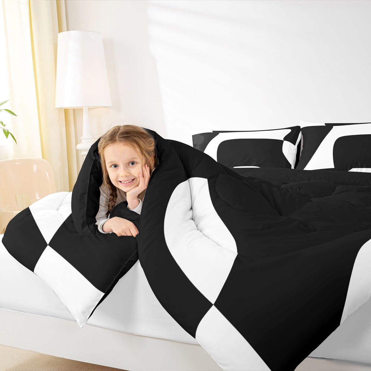 Erosebridal Black and White Abstract Queen Comforter Set for Adult Women Men Boho Geometric Striped Bedding Set Minimalist Modern Art Bed Set Simple Aesthetic Modern Quilt Set