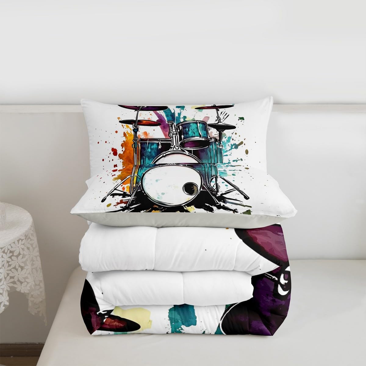 Erosebridal Drum Kit Kids Comforter Sets Rock Music Instrument Queen Bedding Set for Boys Girls Watercolor Drum Kit Comforter Set,Music Theme Quilt Duvet 3 Pcs
