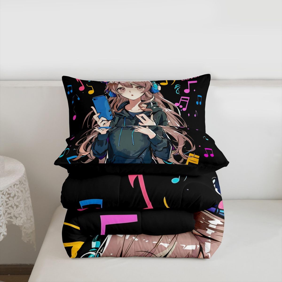 Erosebridal Pink Anime Girl Full Bedding Set,Music Note Comforter Set Anime Gifts for Kids Teen Girls,Musical Themed Quilt Bed Set Japanese Anime Bedding Comforter Sets,2 Pillowcases Room Decor