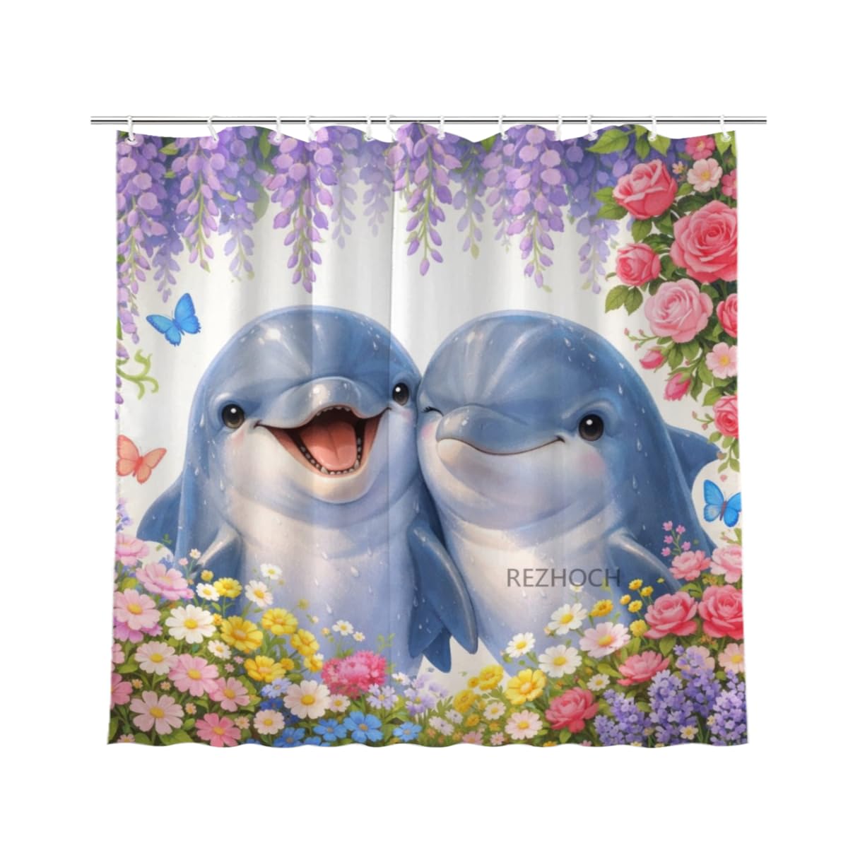 REZHOCH Fun Dolphin Shower Curtain 72x72Inch,Floral Home Bathroom Decor Spring Summer Garden Flowers Wisteria Rose Butterfly,Cute Animal Waterproof Fabric Bath Set with Hooks