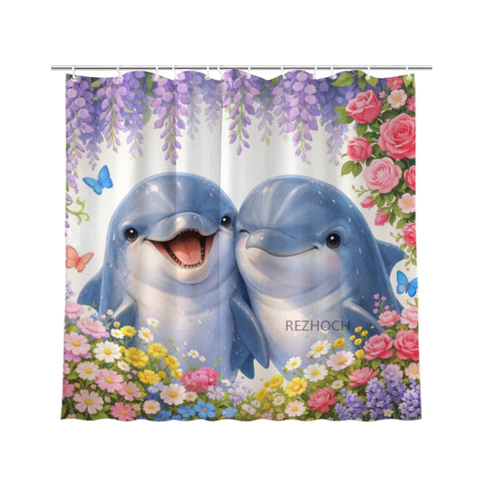 REZHOCH Fun Dolphin Shower Curtain 72x72Inch,Floral Home Bathroom Decor Spring Summer Garden Flowers Wisteria Rose Butterfly,Cute Animal Waterproof Fabric Bath Set with Hooks