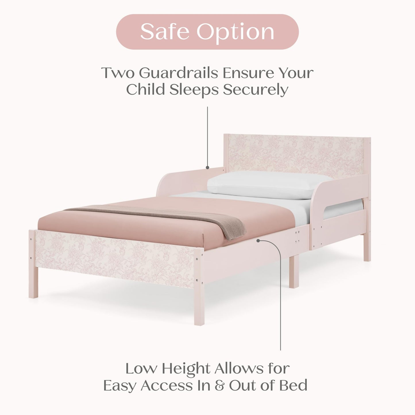 Delta Children Cora Wood Twin Bed with Removable Guardrails - Wood Twin Bed with Slats Supports for Girls & Boys Teens, No Box Spring Needed, Pink Floral Toile