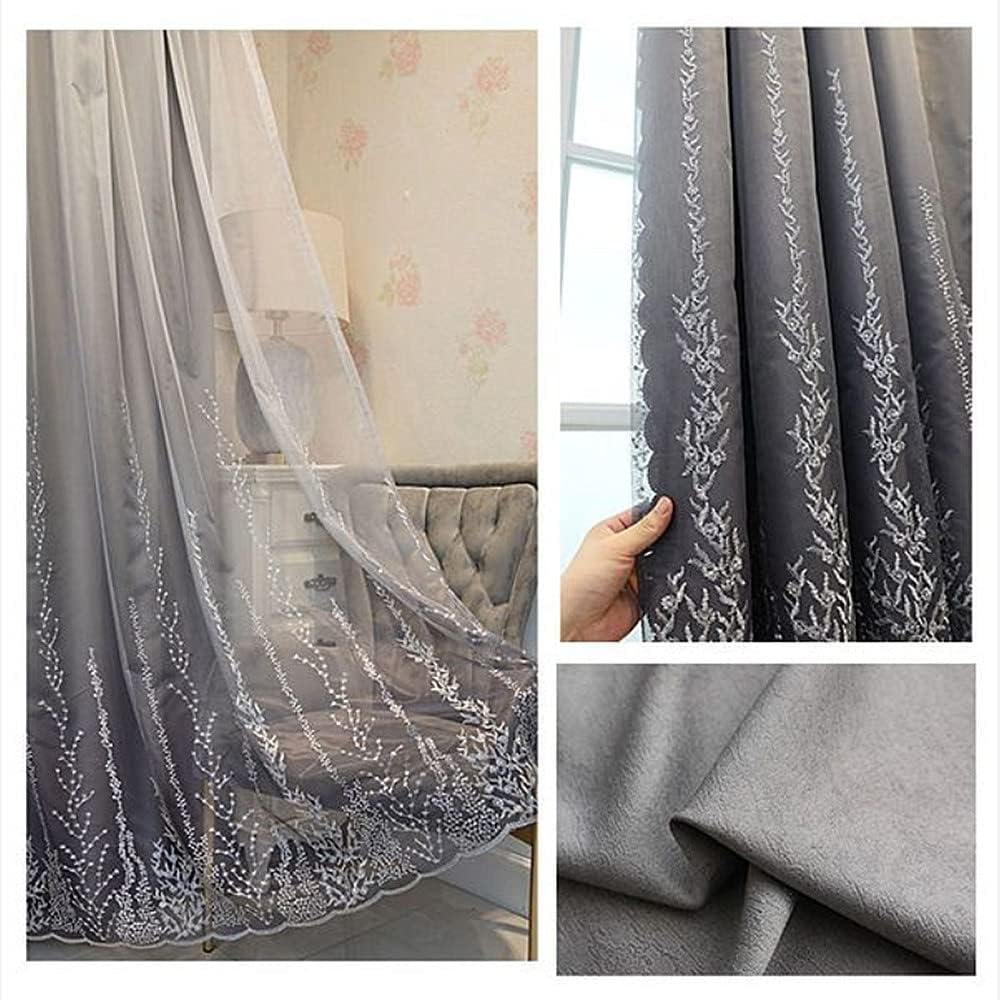 Amidoudou 1 Pair Double Layer Curtains for Living Room Gradient Coral Tree Pattern Embroidered Curtains for Bedroom (Grey,54x90 Inch)