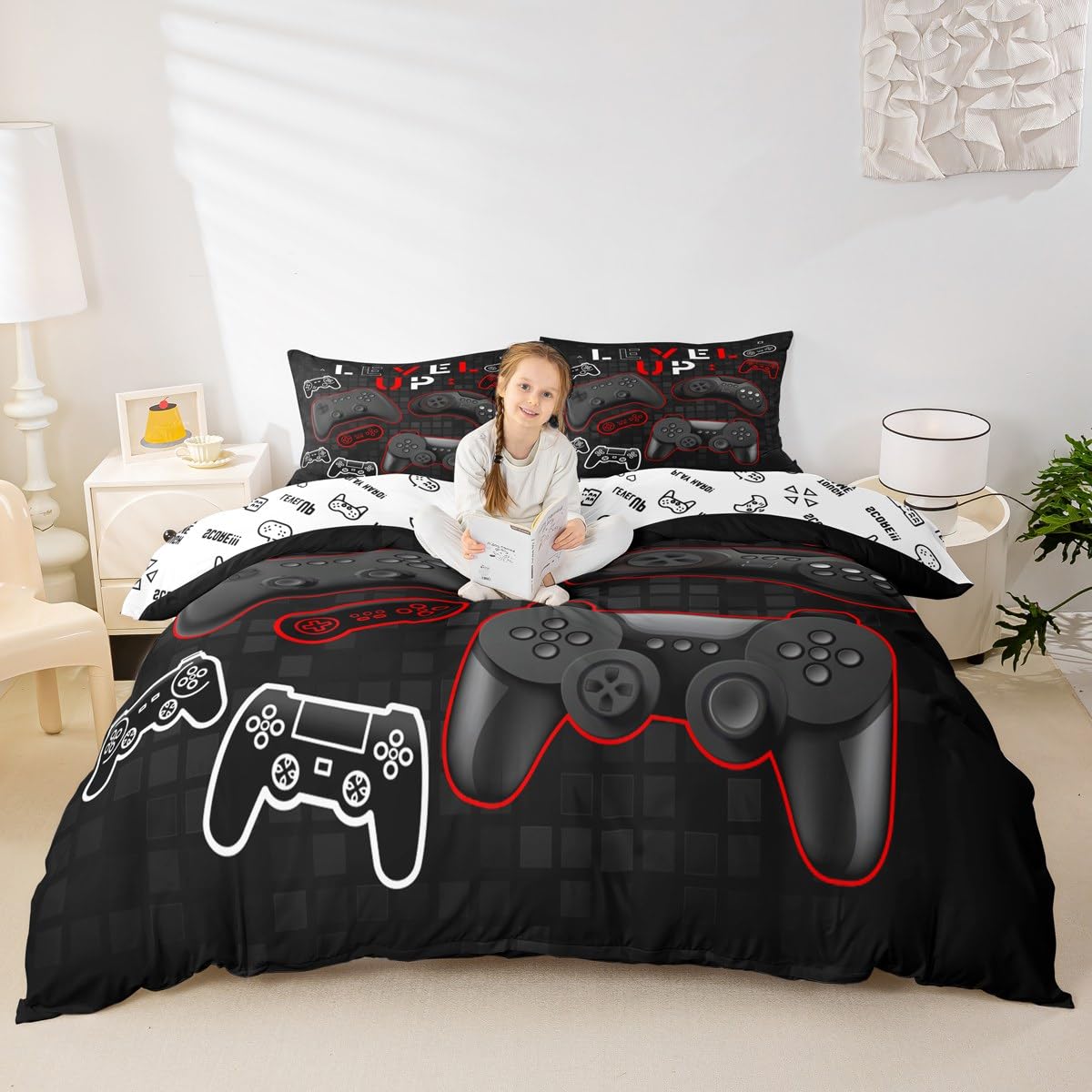 Homewish Gaming Duvet Cover Set King Size,Video Games Comforter Cover 3Pcs,Black White Gamepad Reversible Print Bedding Set for Kids Girls Boys Teens Room Decor,Modern Chic Quilt Cover,2 Pillowcases