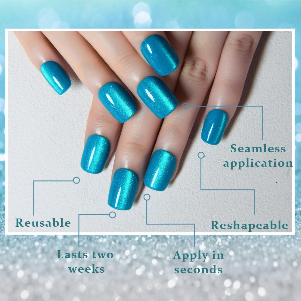 evpct Lake Blue Cat Eye Short Square Press on Nails, Short Square Stick on Nails for Women Gift, Lake Blue Glitter Glossy Fake Nail Reusable Press on Acrylic Fake Nail with Holographic Cat Eye Design