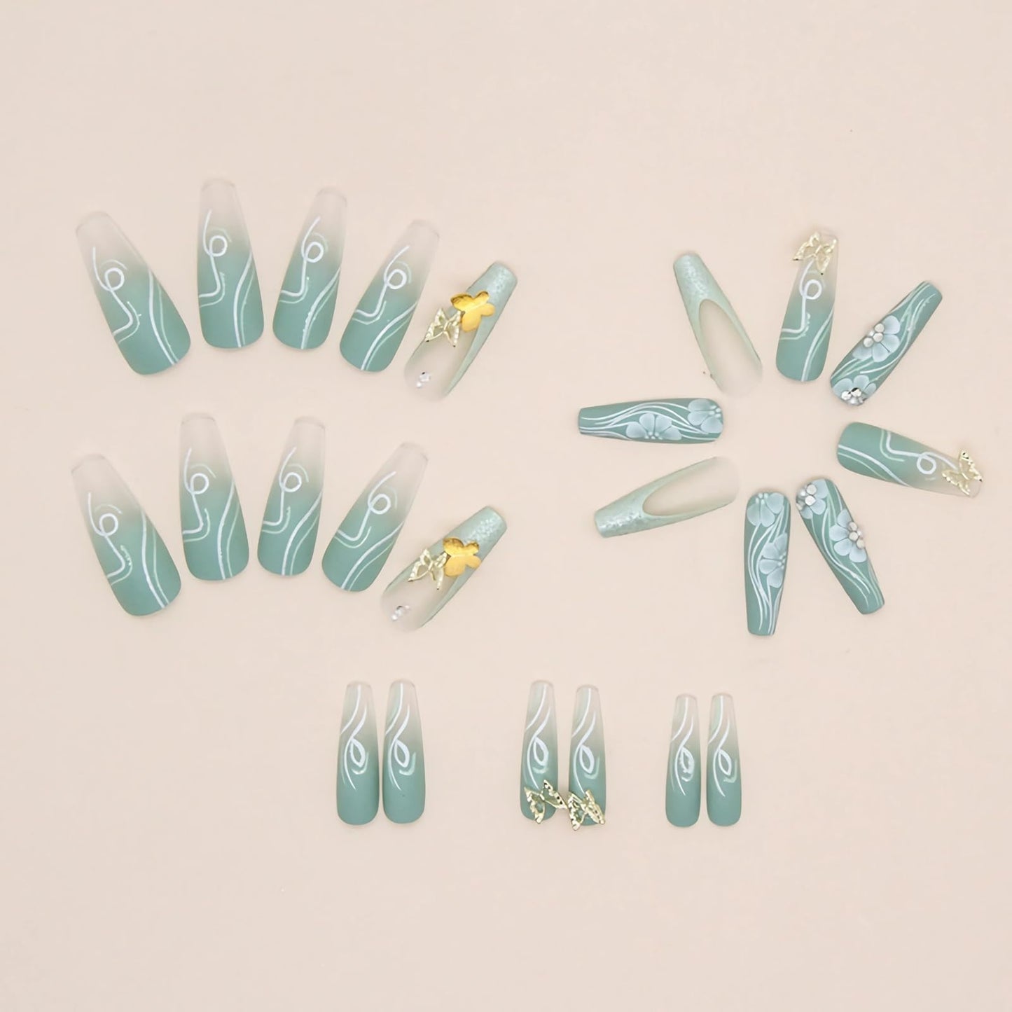 BABALAL Long Coffin Press on Nails - Green Fake Nails, 3D Golden Butterfly Glitter Shiny Design, Acrylic Glue on Nails for Women and Girls 24 Pieces