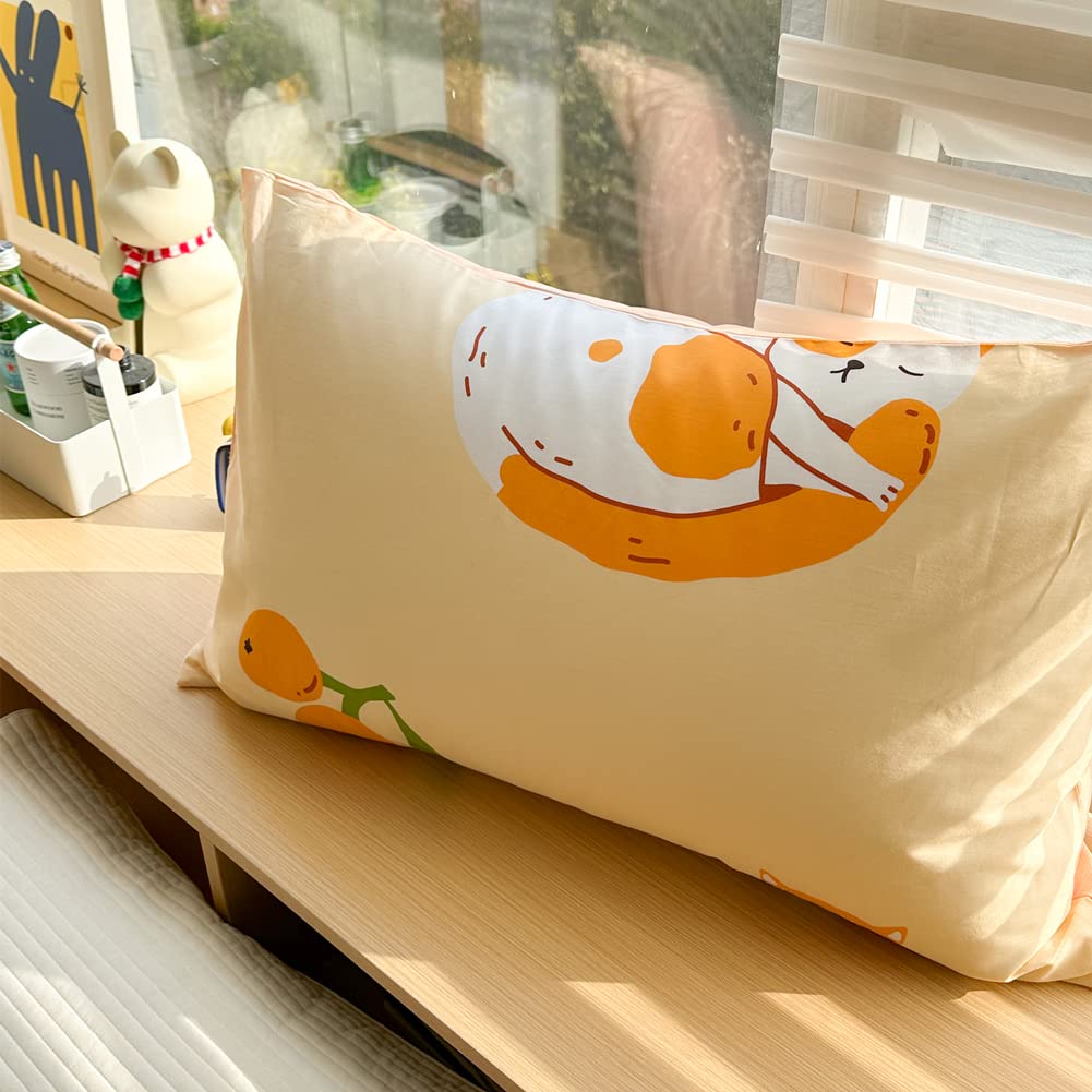 LIWHENHAO Cats Duvet Cover Set Twin 100% Cotton Bedding Cartoon Cute Cat on Orange 1 Kawaii Animal Comforter Cover Zipper Closure 2 Pillowcases for Kids Girls Boys