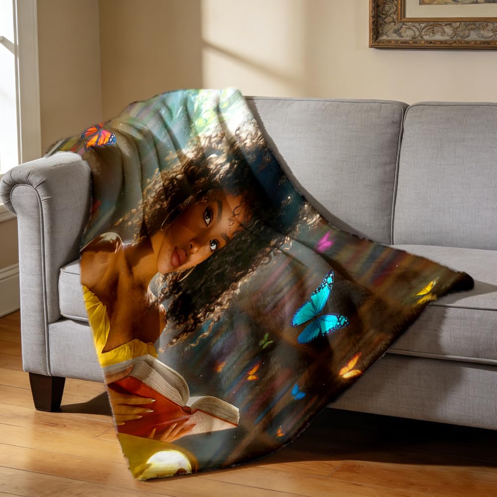 ZHOUSHUTONG Black Woman Reading Book Flannel Throw Blanket Cozy Warm Colorful Book Butterfly Blankets Lightweight Fuzzy Soft African American Girl Flannel Blanket for Couch Bed Sofa Girls 49"x59"