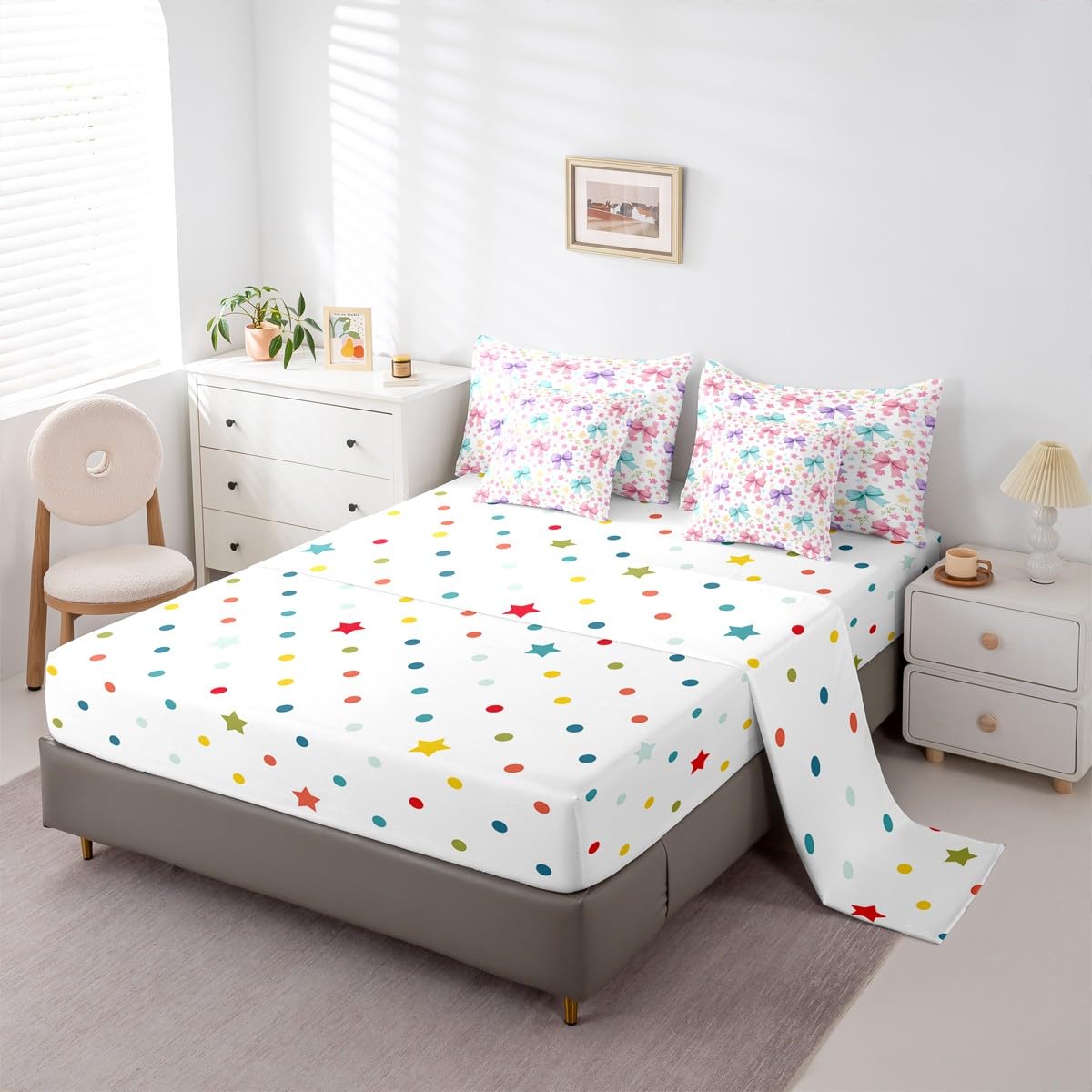 Feelyou Bow Comforter Set with Sheets 7 Piece Queen Size Floral Bed in a Bag Kids Boys Girls Cute Bedding Set Princess Style Bedroom Decor Blue Purple Pink Breathable Soft Lightweight Microfiber