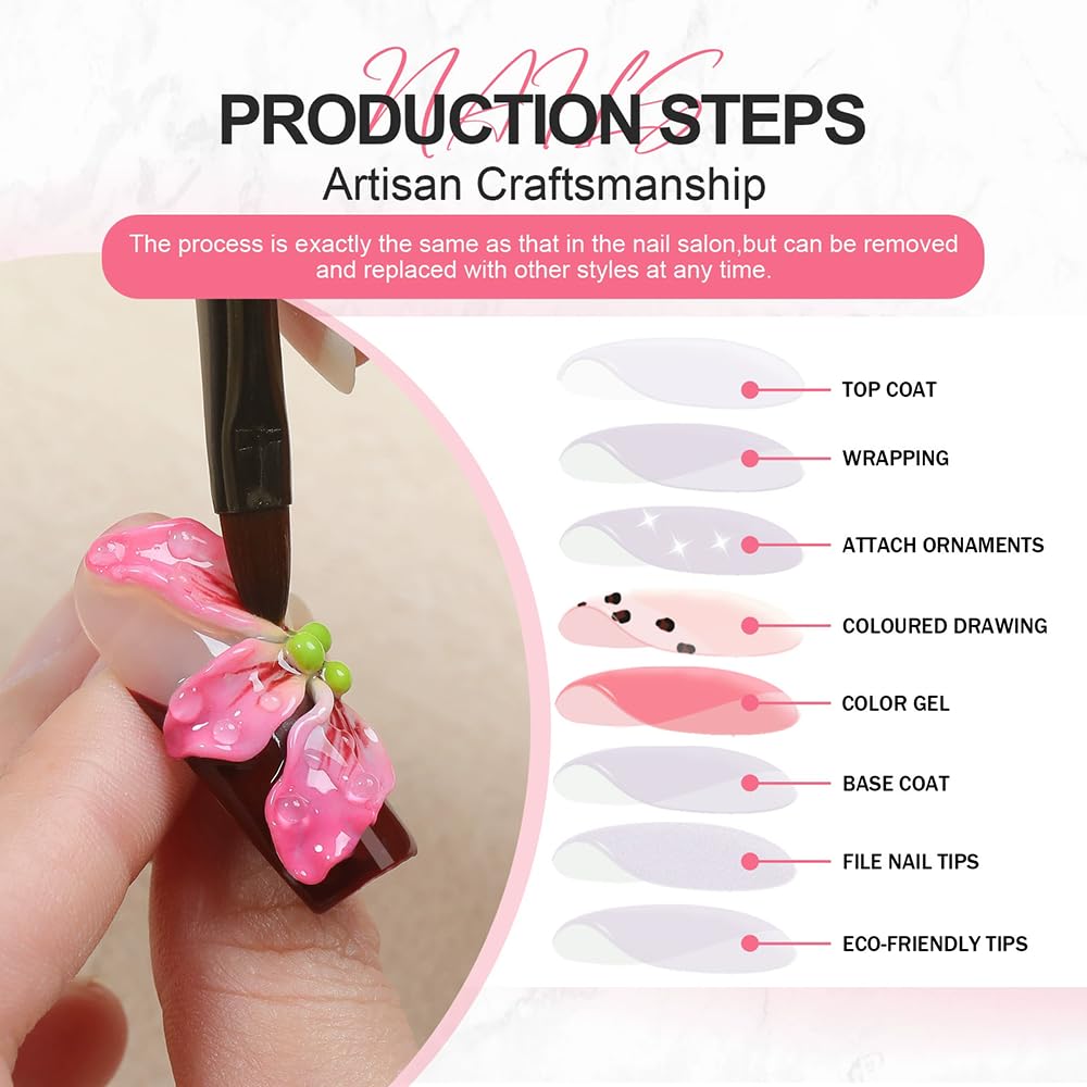 Handmade Press on Nails Almond French Tip Fake Nails with 3D Flower Designs False Nails Pink Glitter Acrylic Nails for Women 10pcs (Size M）