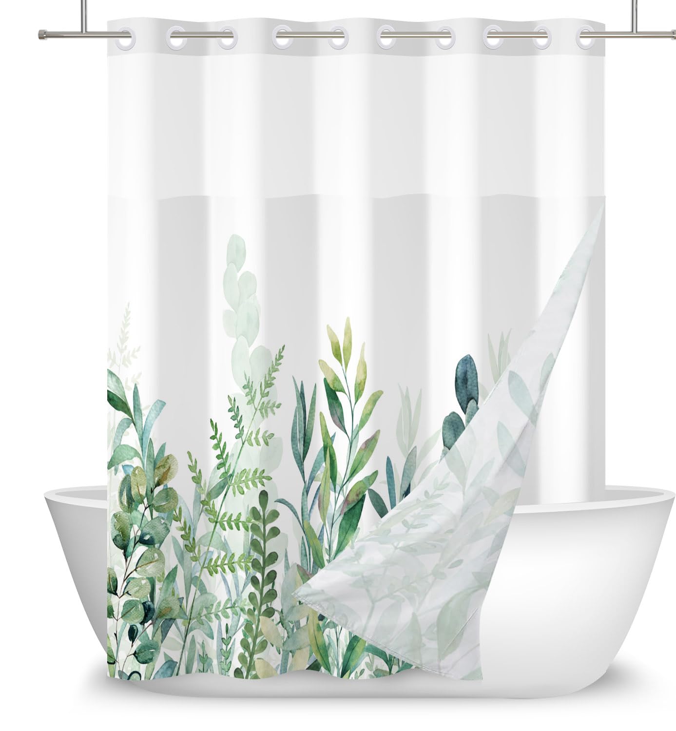 DASHAN No Hook Shower Curtain with Snap in Liner, Green Leaf Shower Curtains for Bathroom, Botanical Bath Curtain Sage Green Plant Fabric Bathroom Curtains 71"x74"