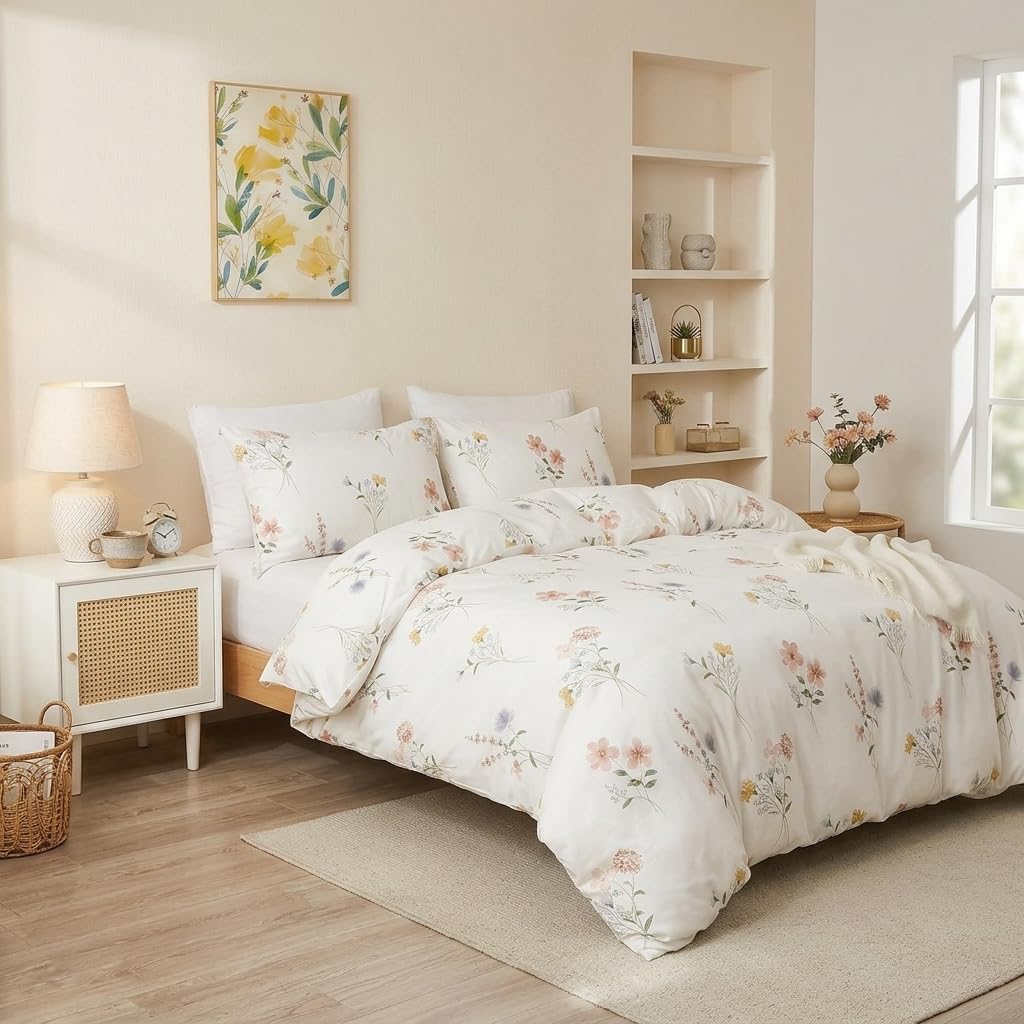 Cozaline 100% Cotton Duvet Cover Set Queen – Pink Watercolor Wildflower Meadow Bedding Set 3 Pieces, Lightweight Ultra Soft Comforter Cover with Zipper Closure, Soft Pastel Botanical Bed Set