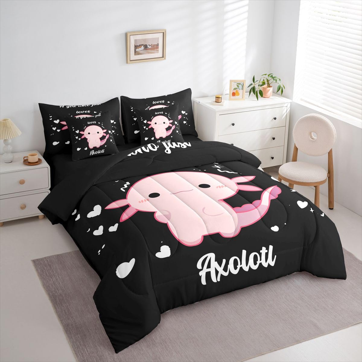 Erosebridal Love Heart 7 Piece Bedding Set King Axolotl Comforter Set with Sheets Cute Pink Salamander Girly Kawaii Bed in a Bag Axolotl Cartoon Animal Pattern for Kids Boys Girls