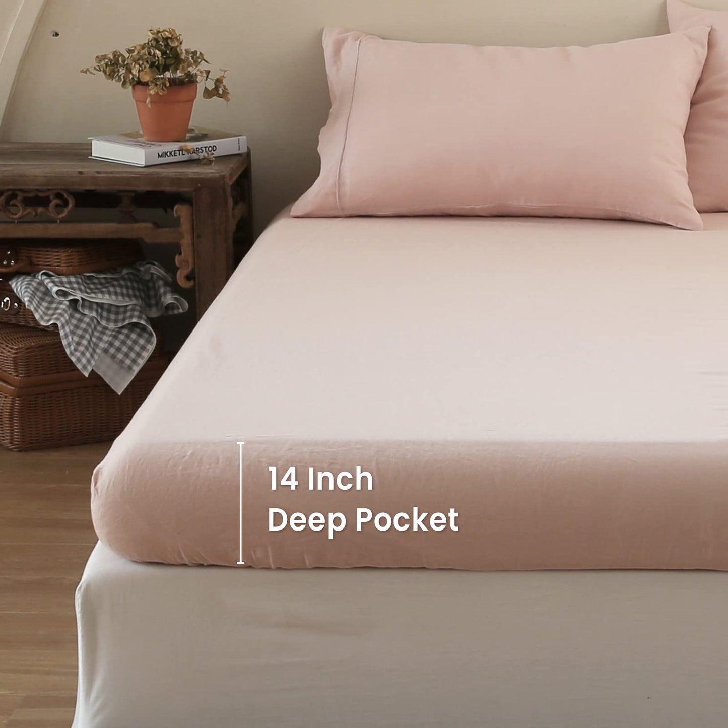 King Linens 100% Linen Fitted Sheet Stone Washed Solid Color - (1 Piece) 14 inch Deep Pocket Mattress Cover Soft Natural Breathable Farmhouse - Pink, Twin Size