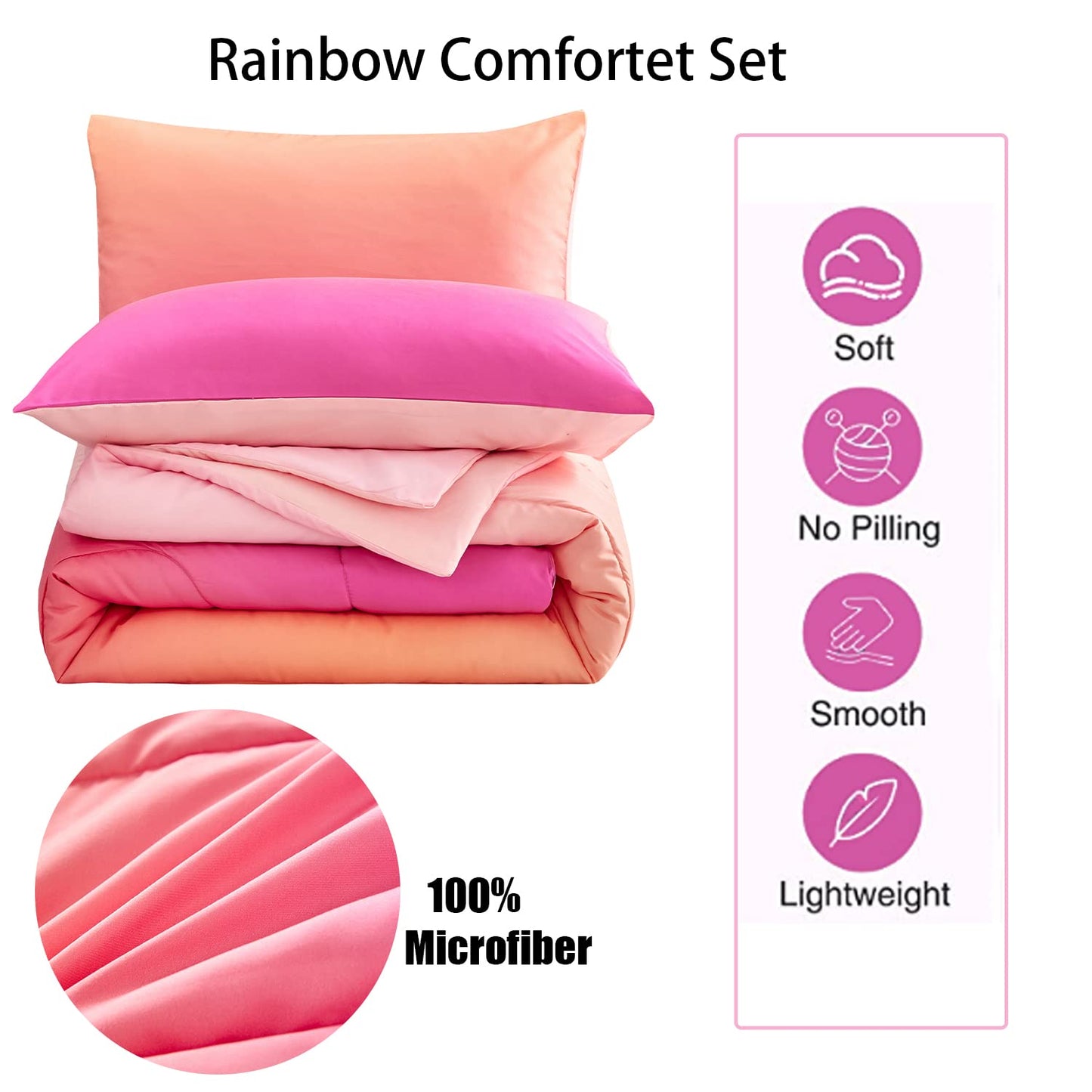Yogeneg Rainbow Kids Comforter Sets Twin Size for Teen Girl Women, Pink Orange Ombre Comforter with Pillowcase,Ultra Soft Microfiber 2 Piece Bedding Set,All Season (Rainbow D, Twin)