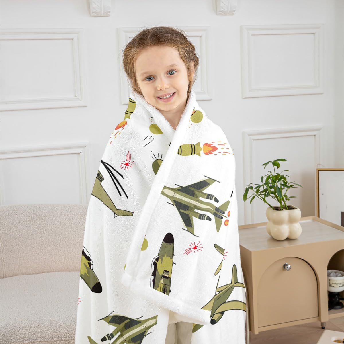 Feelyou Kids Blanket Cartoon Aircraft Print Fleece Blankets Boys Teens Military Airplane Pattern Fighter Tank Sherpa Throw Blanket for Couch Bed Sofa 50" x 60"