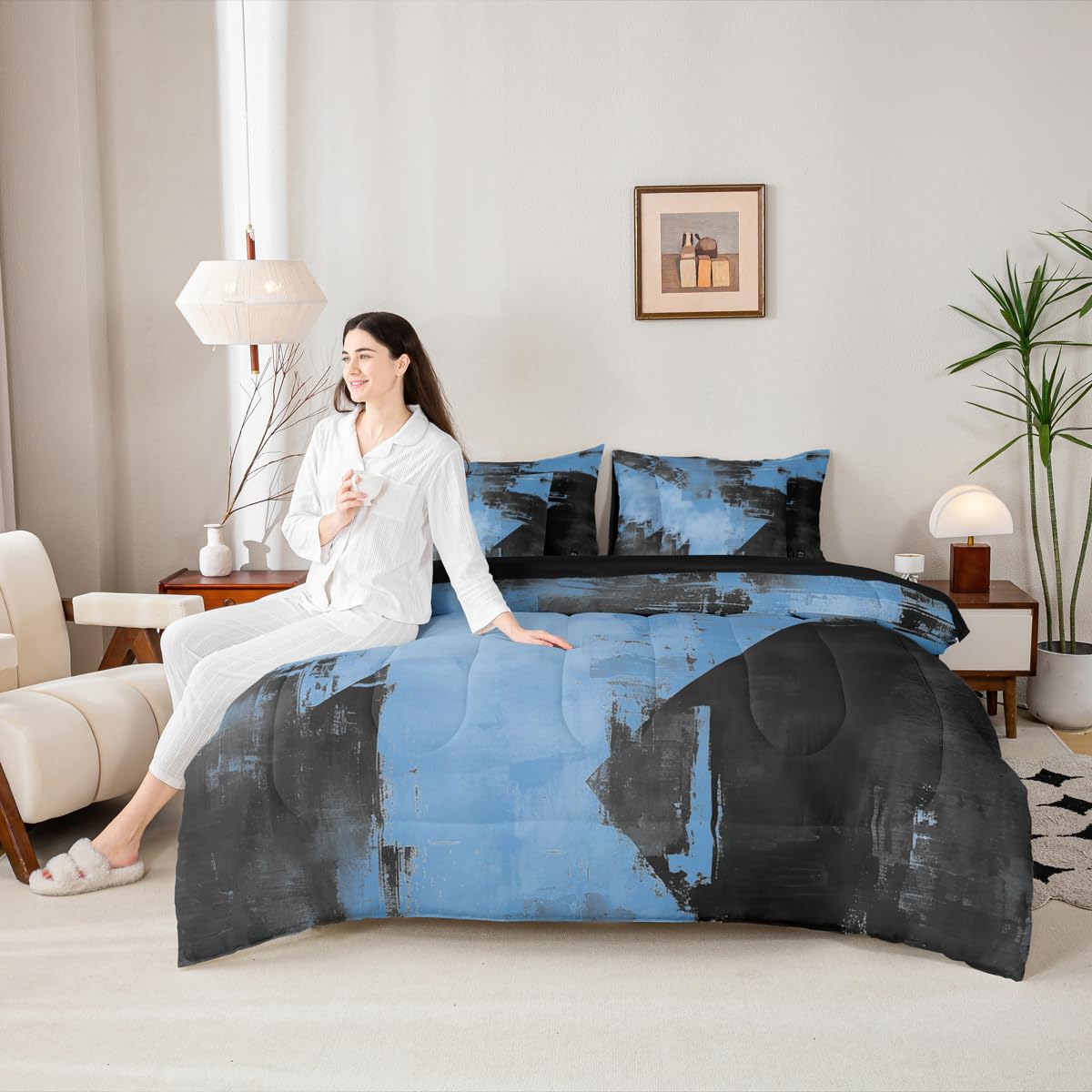 Feelyou Abstract Comforter Set with Sheets 7 Piece King Size Modern Abstract Art Bedding Set for Kids Boys Girls Luxury Bed in a Bag Geometric Room Decor Deep Blue Soft Lightweight Microfiber