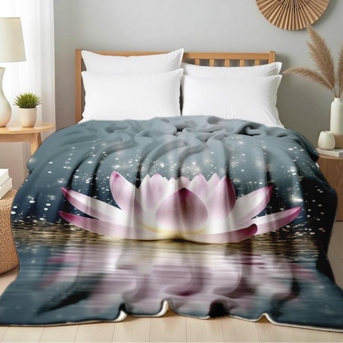 HUNXIAOJ Lotus Flower on Water Print Blanket White Floral Throw Blanket Zen Flannel Throw for Couch Bed Office Yoga Room Meditation Spa Decor Gifts (49"x59")