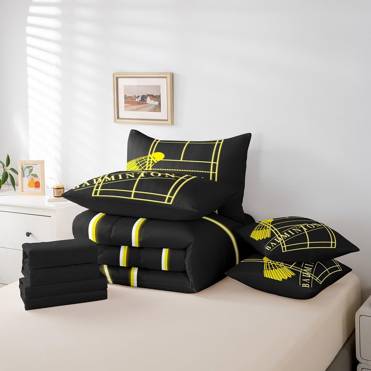 Sport Full Comforter Set 7 Pieces Badminton Bedding Comforter Sets for Boys, Black Yellow Bed in a Bag Gold Gradient Neon Bedding Set, Sports Themed Bed Sheets Set Breathable (Black Reversible)
