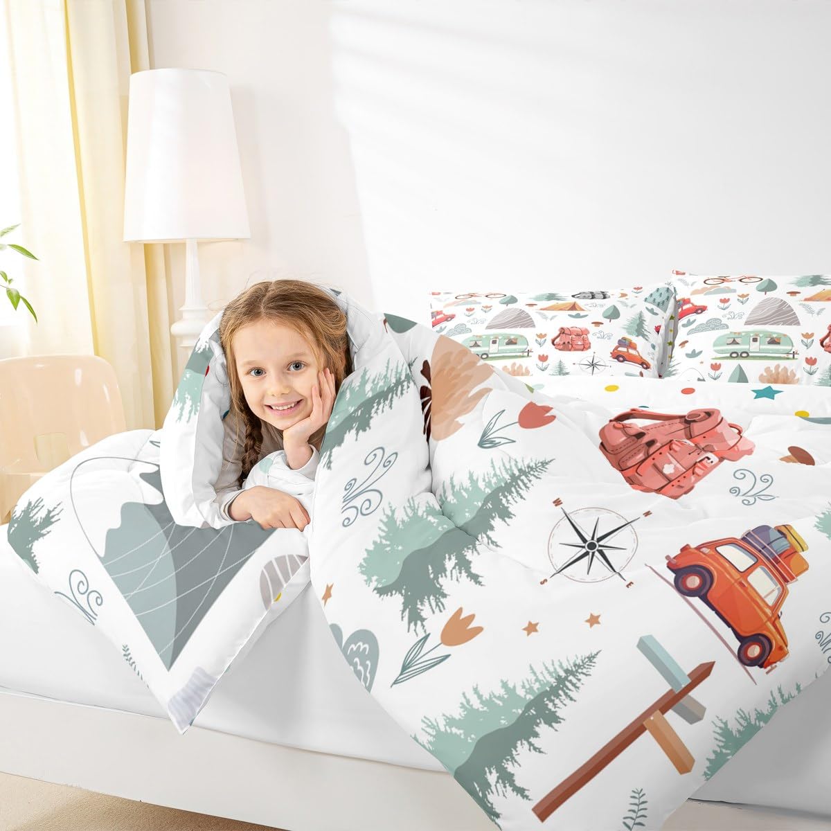 Kids Camper Theme Comforter Set Full 3Pcs, Happy Camping Bedding for Toddler, Travel Car Rv Accessories Down Comforter, Botanical Flowers Mountain Adventure Quilt, Cute Camper Duvet Set Room Decor