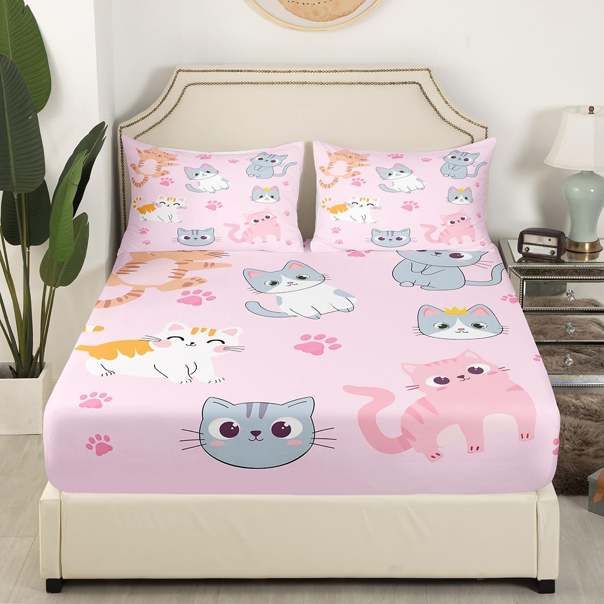 Erosebridal Kawaii King Size Sheets Cute Kids Girls Bed Set - Colorful Cat Print Fitted Sheet Set, Deep Pocket, Soft, Breathable Flat Sheet, 4 Pcs
