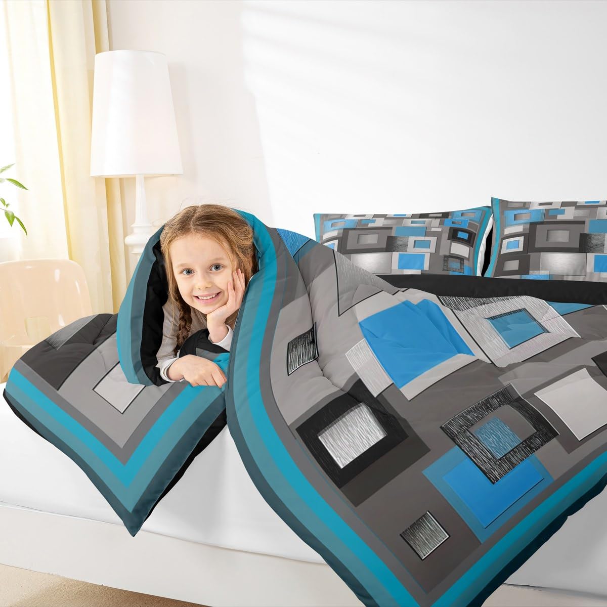 Castle Fairy Modern Comforter Set Queen Size,Blue White Gray Square Bedding Set for Kids Boys Girls Bedroom Decoration,Abstract Grid Art Bed Duvet Insert,Geometric Comforter with 2 Pillowcase