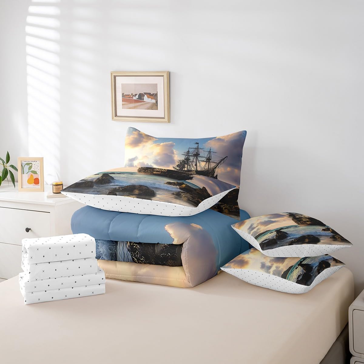 Erosebridal Nautical Retro Sailboat Comforter Set 7 Piece Bed in a Bag Twin,Ocean Theme Bedding Sets Sea Coastal Sheet Set with Comforter,Pirate Ship Vintage Boat Bed Set