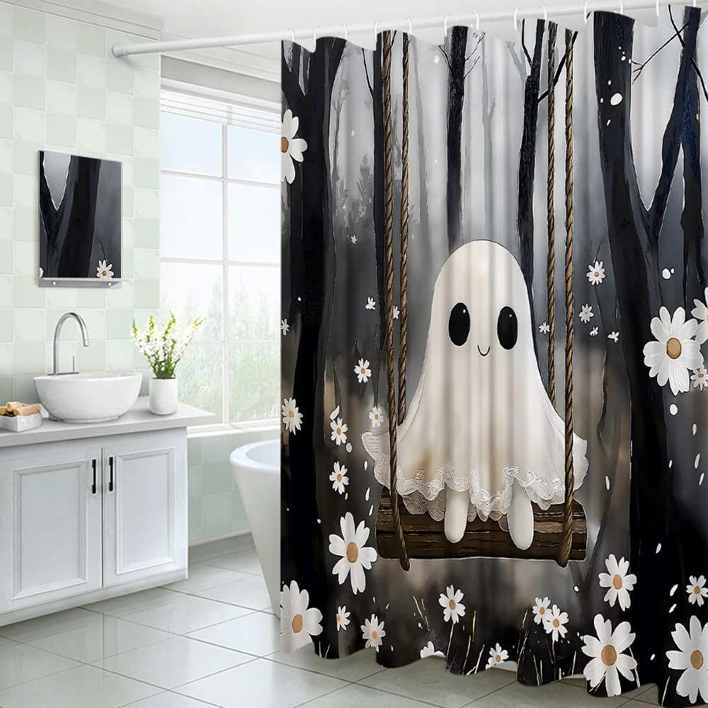 YOZSLGU Cute Ghost Shower Curtain Black Grey Misty Forest Gothic Spooky Fabric Bathroom Decor Curtains with Hooks, 70" Wx70 H