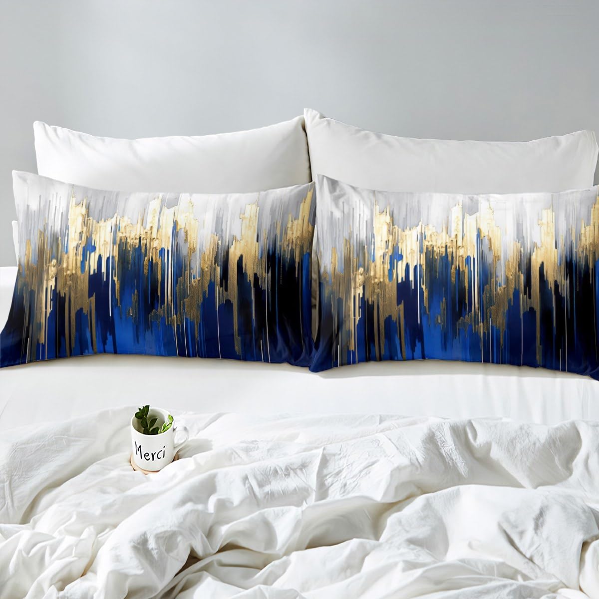 Erosebridal Abstract Art Comforter Cover Navy Gold Grey Bed Set, Stripe Duvet Cover Queen Size Golden Metallic Sequins Bedding Sets, Dark Blue Tie Dye Bedspread Cover Luxurious Modern Bedroom Decor