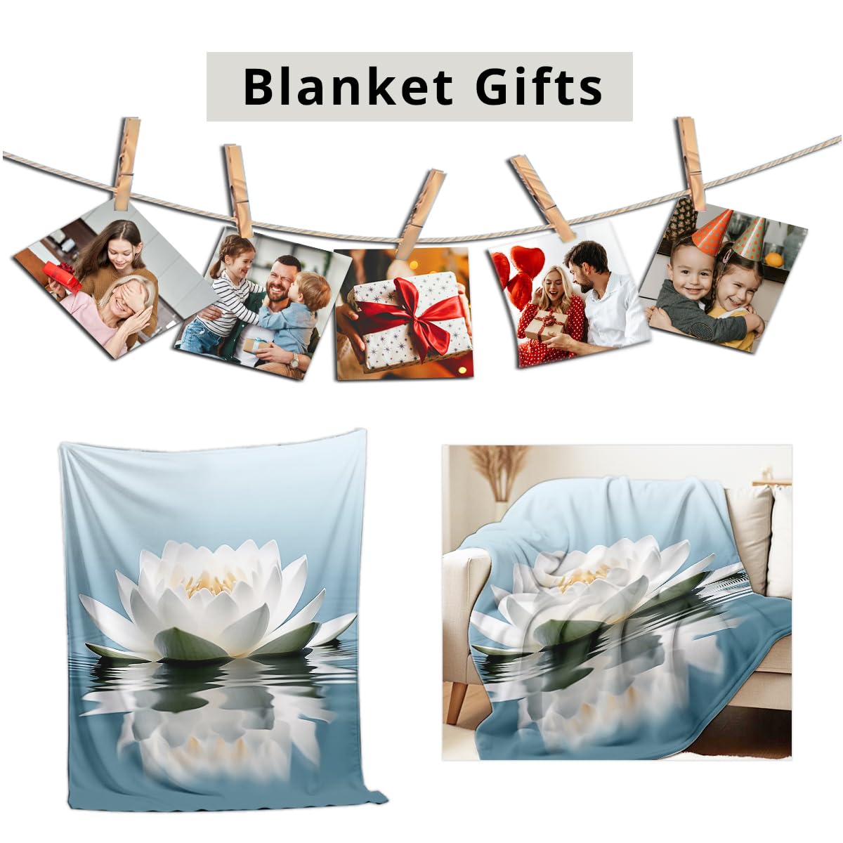 HUNXIAOJ Lotus Flower on Water Print Blanket White Floral Throw Blanket Zen Flannel Throw for Couch Bed Office Yoga Room Meditation Spa Decor Gifts (49"x59")