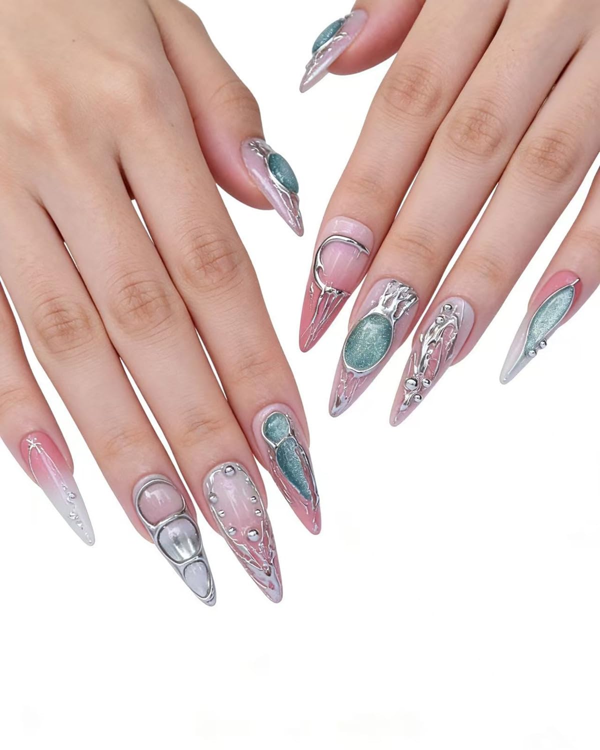 CAMILCY Luxury Handmade Press On Nails Pink Gradient Green Glitter Metallic 3D Design Long Stiletto Fake Nails Salon Quality Reusable Acrylic Nails for Women (B06, M)