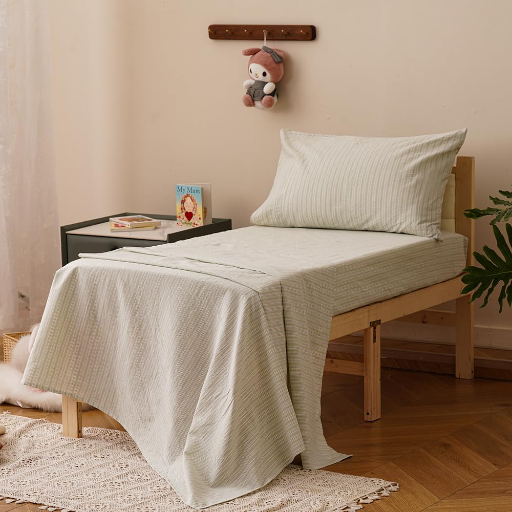 CLOTHKNOW 4Pieces Light Green Striped Washed Cotton Toddler Bedding Sets for Boys Girls Soft Crib Bed Set Including Comforter, Flat Sheet, Fitted Sheet and Pillowcase