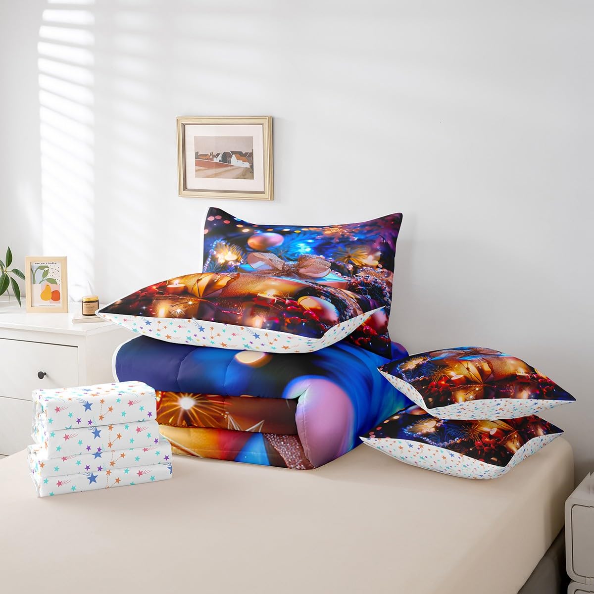 Erosebridal Merry Christmas Bedding Sets 7 Piece Twin 3D Festival Box Comforter Set Dreamy Starlight Quilt with Flat Fitted Sheet for Girls Women Xmas Decoration Bed in A Bag