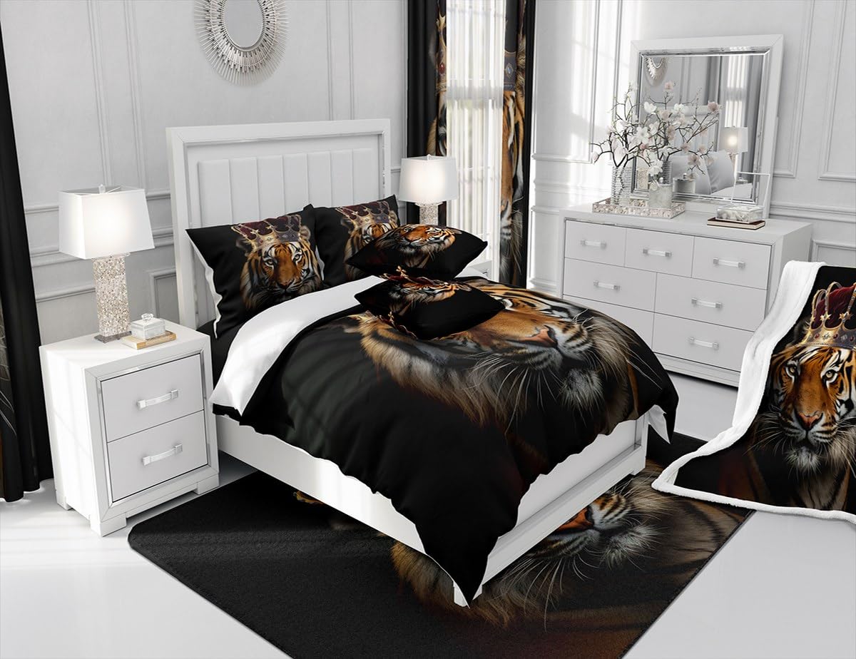 Homewish Wild Tiger Duvet Cover Set Full Size,3D Wildlife African Tropical Animal Comforter Cover with 2 Pillowcases,Golden Crown Print Black Breathable Bedspread for Boys Teens