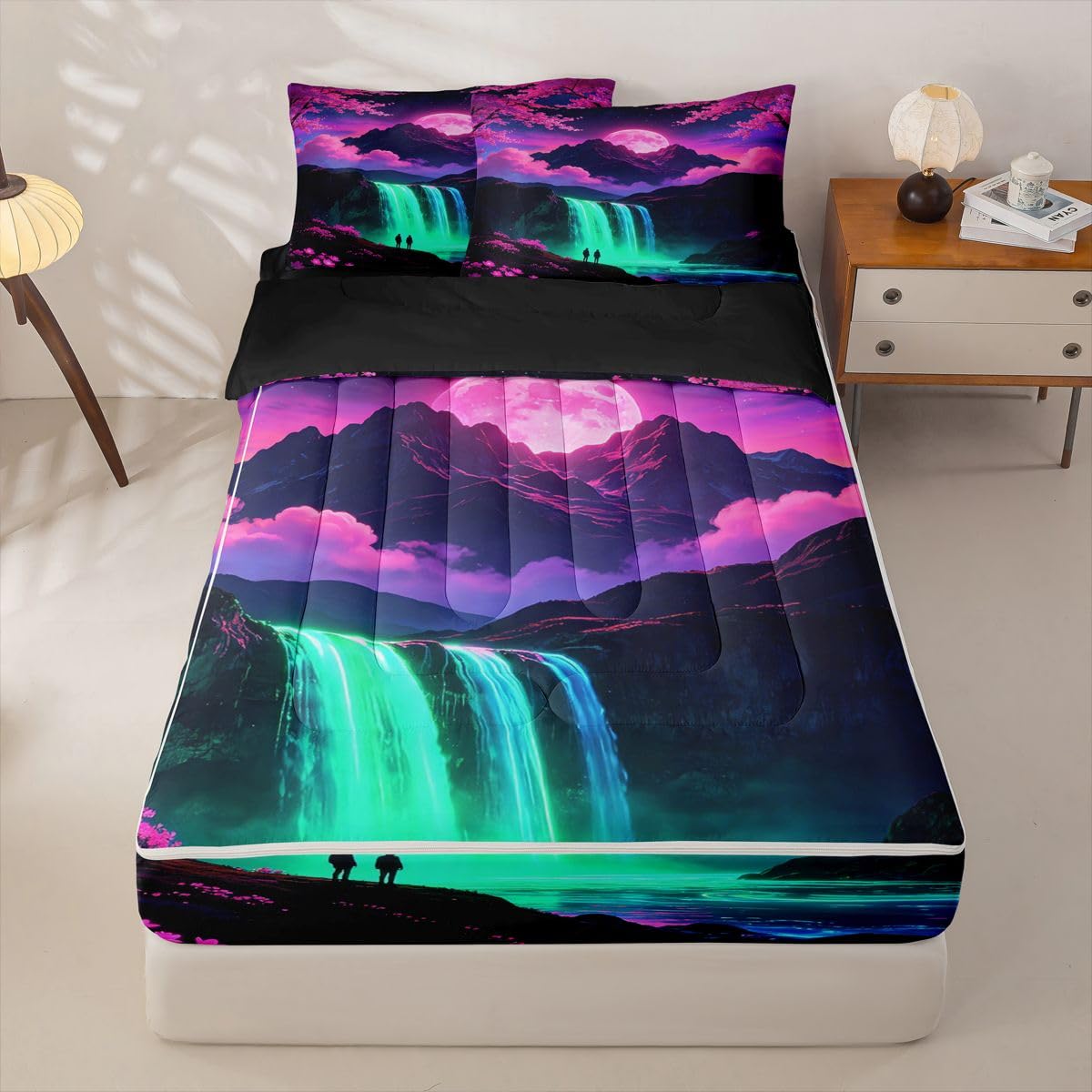 Feelyou Japanese Anime Zipper Bedding Sets for Kids Boys Girls Japan Full Comforter Set with Fitted Sheet Nature Landscape Bedroom Decor Microfiber with 2 Pillow Cases