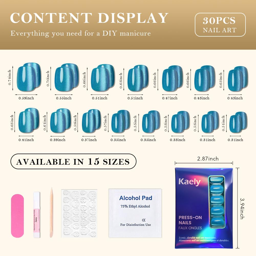 evpct Sky Blue Cat Eye Extra Short Square Press on Nails, Perfectly Fit Short Square Stick on Nails for Women, Glossy Blue Holographic Fake Nails Reusable Gel Press on Acrylic Fake Nail with Designs