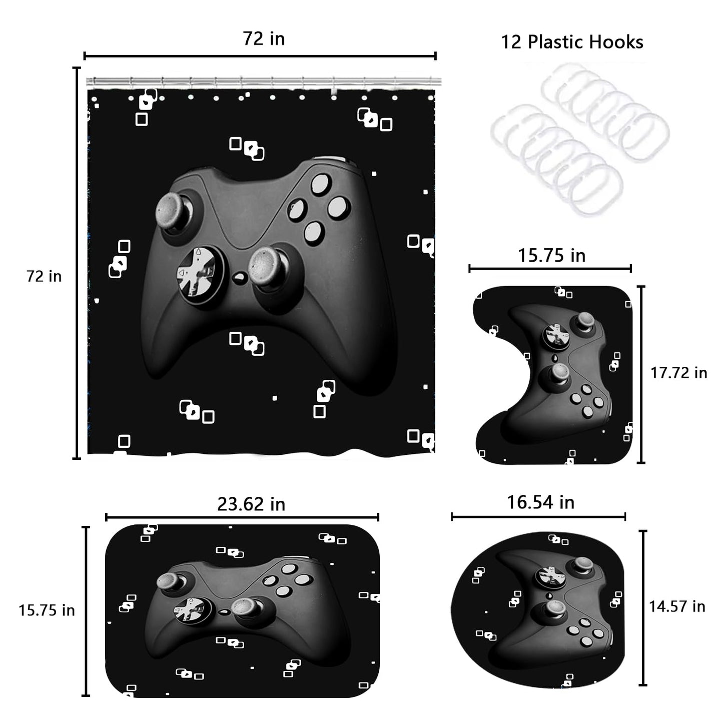 Botoutin Black Game Shower Curtain Kids Boys Gaming Bath Curtain with 12 Hooks Modern Gamer Bathroom Decor Teens Gamepad Shower Curtain Set,72"x72"