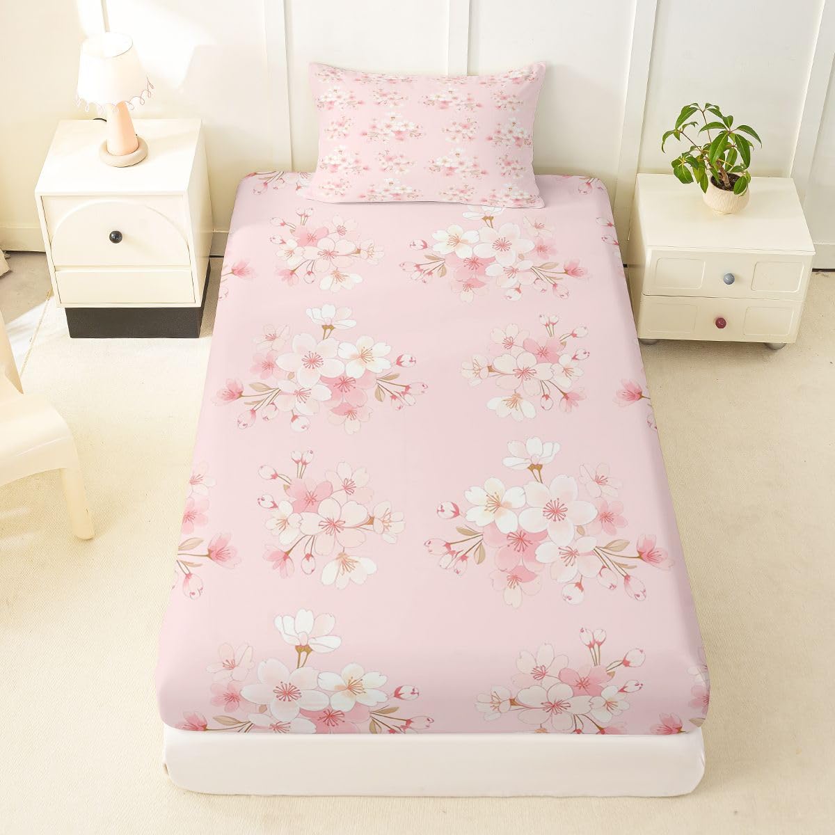 Erosebridal Cherry Blossoms Bed Sheets Set Twin Japanese Style Sheet Set Romantic Floral Leaves Sheets Pink Flower Plant Flat Fitted Sheet