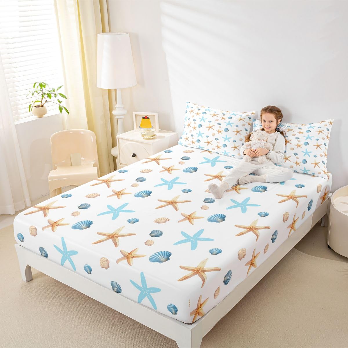 Castle Fairy Khaki Starfish Fitted Sheet Queen Size (No Flat),Blue Shell Bedding Sets 3Pcs,Girls Boys Adult Room Decor,Ocean Life Bed Cover Hawaii Beach Deep Pocket Sheet,2 Pillowcases